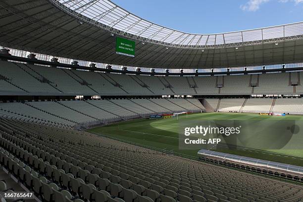 View of the inside of the Castelao Arena in Fortaleza, Ceara State, northeastern Brazil, on April 16, 2013. Fortaleza will host the upcoming FIFA...