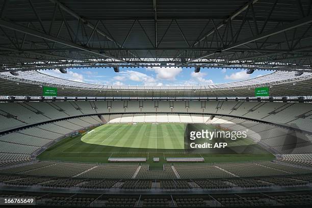 View of the field of the Castelao Arena in Fortaleza, Ceara State, northeastern Brazil, on April 16, 2013. Fortaleza will host the upcoming FIFA...