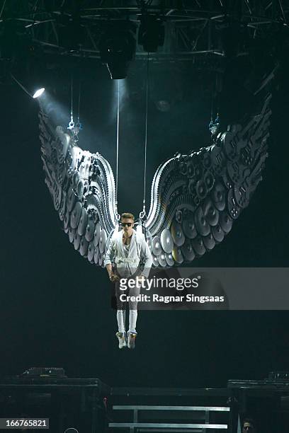 Justin Bieber performs during his Believe tour at Telenor Arena on April 16, 2013 in Oslo, Norway.