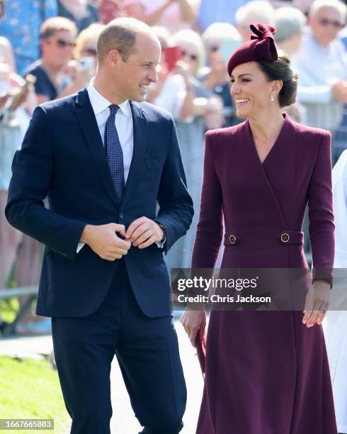 Prince William, Prince of Wales and Catherine, Princess of Wales arrive at St Davids Cathedral to commemorate the life of Her Late Majesty Queen...