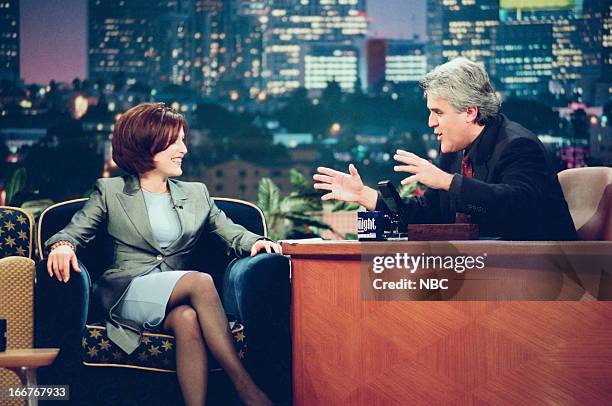 Episode 1393 -- Pictured: Actress Gillian Anderson, host Jay Leno during an interview on June 10, 1998 --