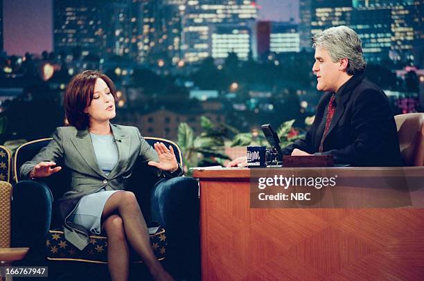 Episode 1393 -- Pictured: Actress Gillian Anderson, host Jay Leno during an interview on June 10, 1998 --