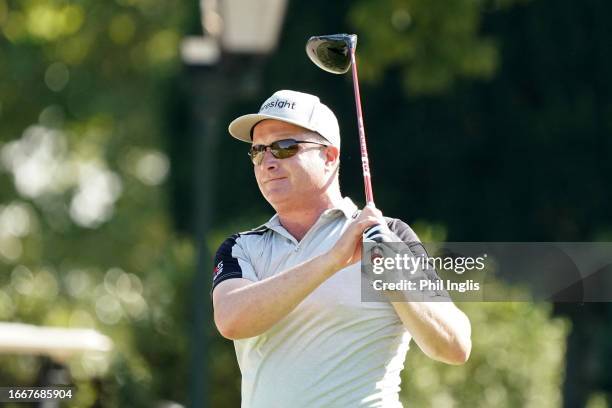 Greig Hutcheon of Scotland in action during Day Two of the WCM Legends Open de France at Golf de Saint-Cloud on September 08, 2023 in Paris, France.