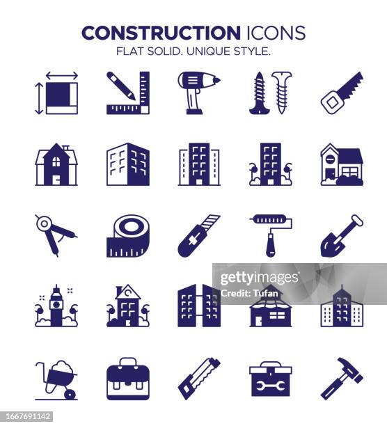 construction icon set - building materials, heavy equipment, blueprint, safety gear, engineering - construction crew stock illustrations