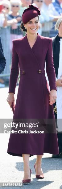 Catherine, Princess of Wales arrives at St Davids Cathedral to commemorate the life of Her Late Majesty Queen Elizabeth II on the first anniversary...