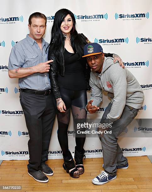 Actor Stephen Baldwin and tv personality/ tattoo artist Kat Von D pose with SiriusXM DJ Whoo Kid at the SiriusXM Studios on April 16, 2013 in New...