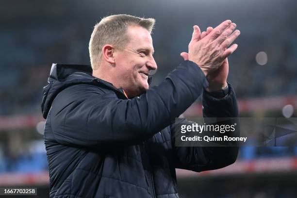 Blues head coach Michael Voss celebrates winning the First Elimination Final AFL match between Carlton Blues and Sydney Swans at Melbourne Cricket...