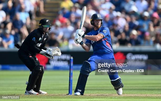 Ben Stokes of England bats watched by New Zealand wicketkeeper Tom Latham during the 1st Metro Bank One Day International between England and New...