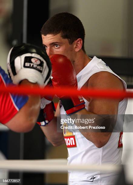 Tom Liberatore works out in the boxing ring during a Western Bulldogs AFL training session at Whitten Oval on April 17, 2013 in Melbourne, Australia.