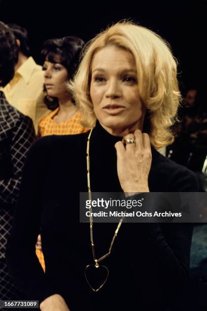 Angie Dickinson appears on the "Celebrity Bowling" tv series , United States, circa 1974.