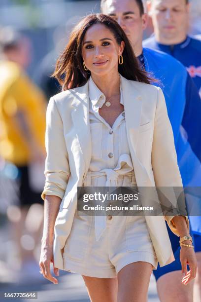 September 2023, North Rhine-Westphalia, Duesseldorf: Meghan, Duchess of Sussex, at the 6th Invictus Games next to the Merkur Games Arena for the...
