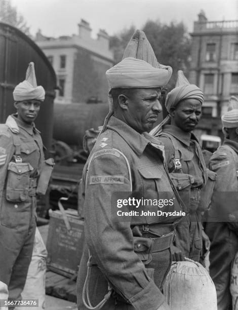 British Indian soldiers of the East African Forces wearing military uniform and turbans on arrival in London, May 25th 1946. They are due to...