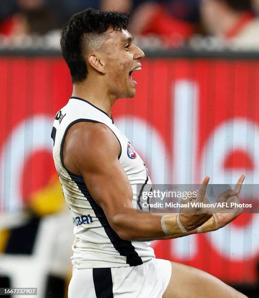 Jesse Motlop of the Blues celebrates a goal during the 2023 AFL First Semi Final match between the Melbourne Demons and the Carlton Blues at...