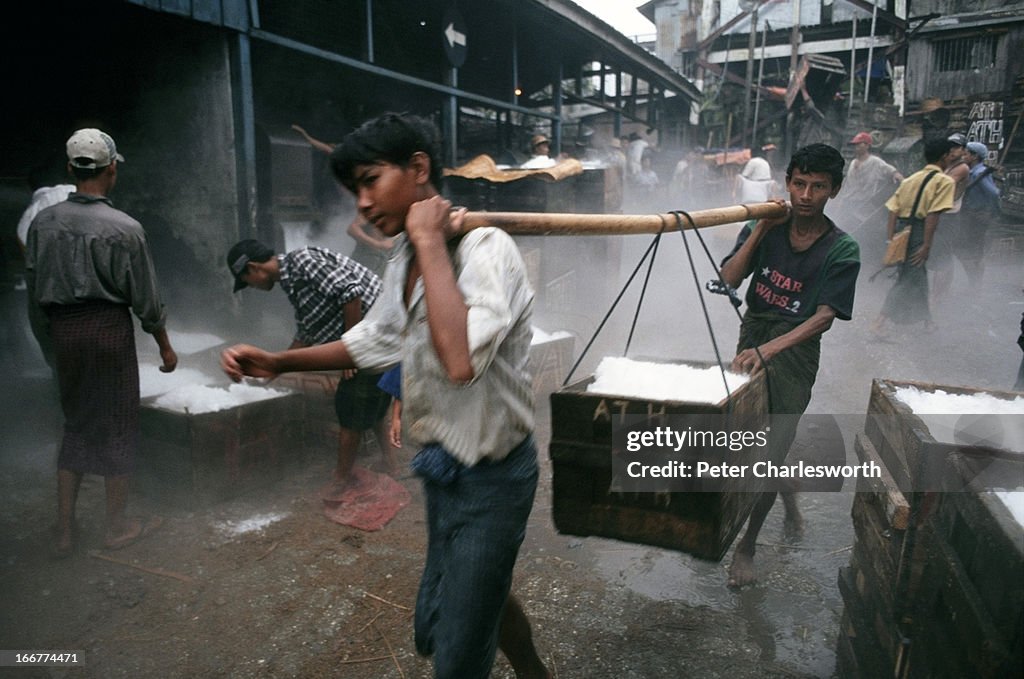 At the Fish Market, on the banks of the Yangon river in...