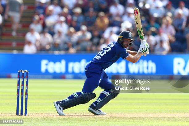 Jos Buttler of England in action during the 1st Metro Bank One Day International between England and New Zealand at Sophia Gardens on September 08,...