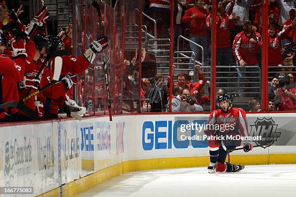 Troy Brouwer of the Washington Capitals celebrates after scoring a goal during the second period of an NHL game against the Toronto Maple Leafs at...