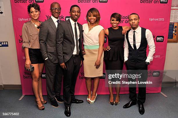 Cynthia Kaye McWilliams, Stephen G. Hill, Shorty da Prince, Paigion, Miss Mykie, and Bow Wow attend the BET Networks 2013 New York Upfront on April...