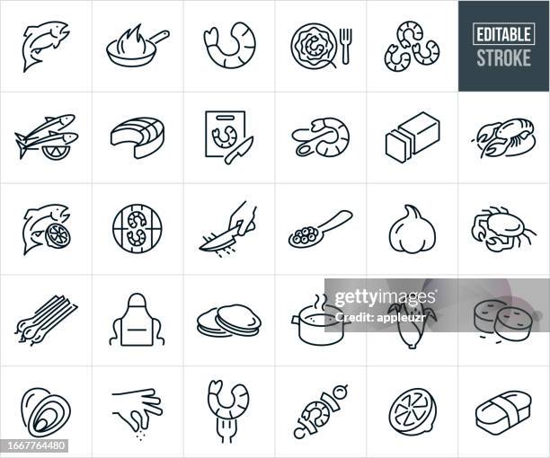 stockillustraties, clipart, cartoons en iconen met seafood thin line icons - editable stroke - crab pot