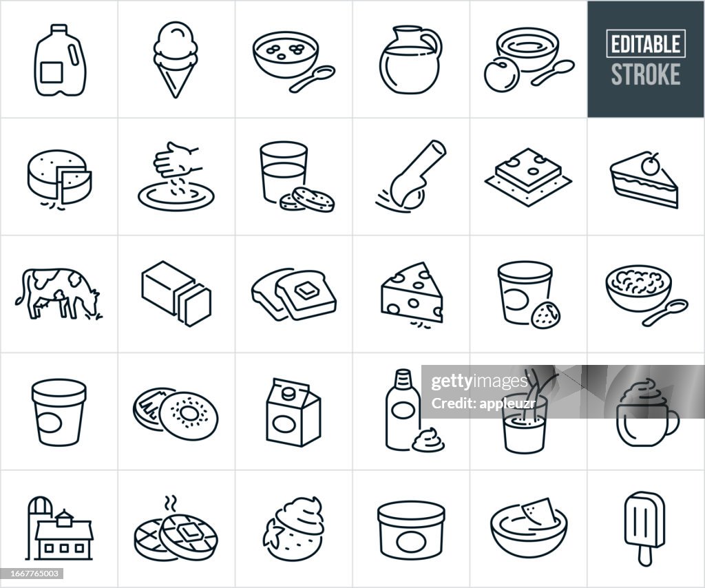 Dairy And Dairy Foods Thin Line Icons - Editable Stroke