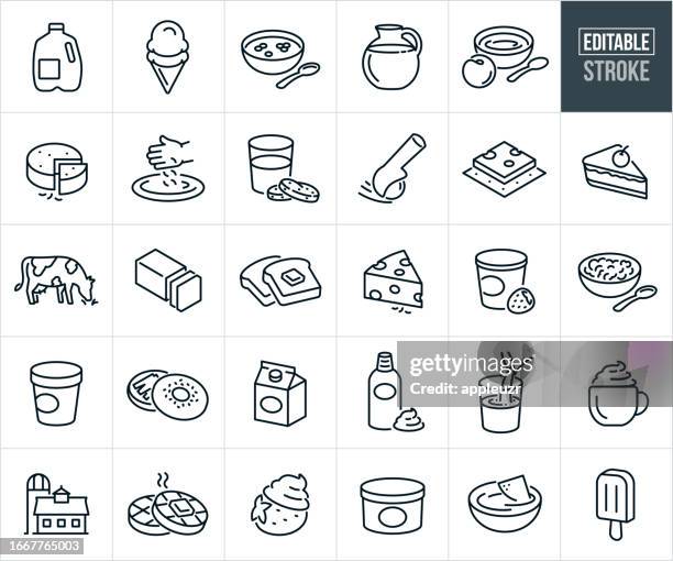 dairy and dairy foods thin line icons - editable stroke - dairy farm stock illustrations