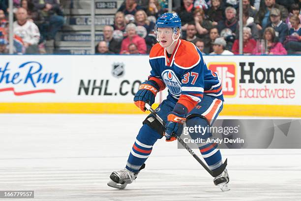 Lennart Petrell of the Edmonton Oilers skates on the ice in a game against the Minnesota Wild on April 16, 2013 at Rexall Place in Edmonton, Alberta,...