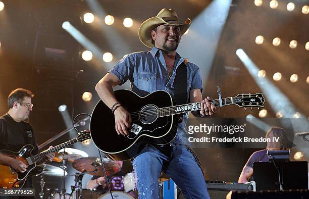Jason Aldean performs during Keith Urban's Fourth annual We're All For The Hall benefit concert at Bridgestone Arena on April 16, 2013 in Nashville,...