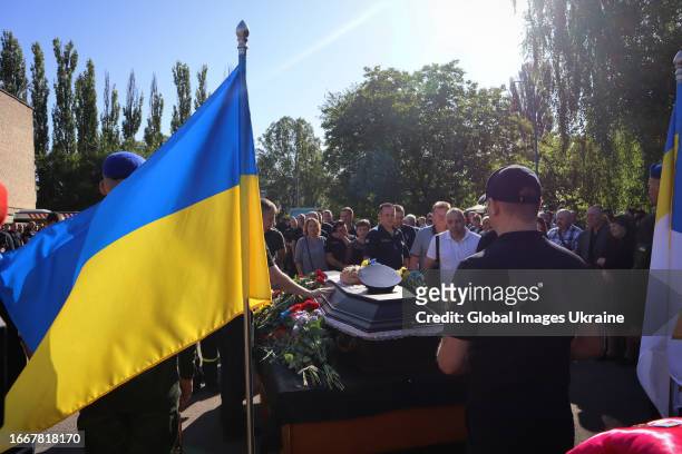 People attend on funeral of firefighter Ruslan Koshovіy on September 8, 2023 in Kyiv, Ukraine. Firefighter Ruslan Koshoviy died at the Gostomel...