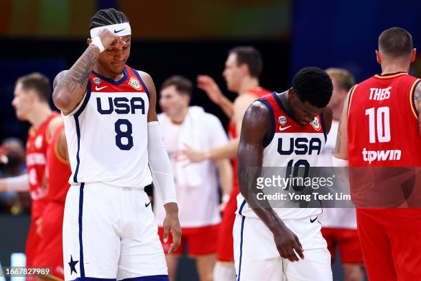 Paolo Banchero and Anthony Edwards of the United States react late in the fourth quarter during the FIBA Basketball World Cup semifinal game against...
