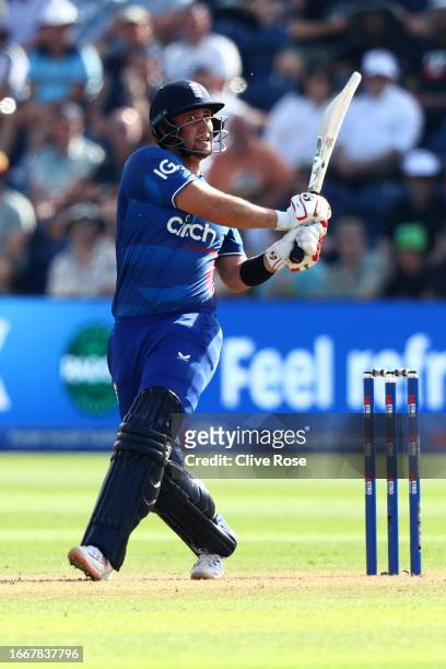 Liam Livingstone of England hits a four during the 1st Metro Bank One Day International between England and New Zealand at Sophia Gardens on...