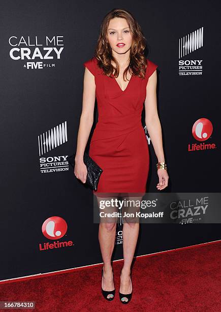 Actress Aimee Teegarden arrives at the Los Angeles Premiere "Call Me Crazy: A Five Film" at Pacific Design Center on April 16, 2013 in West...