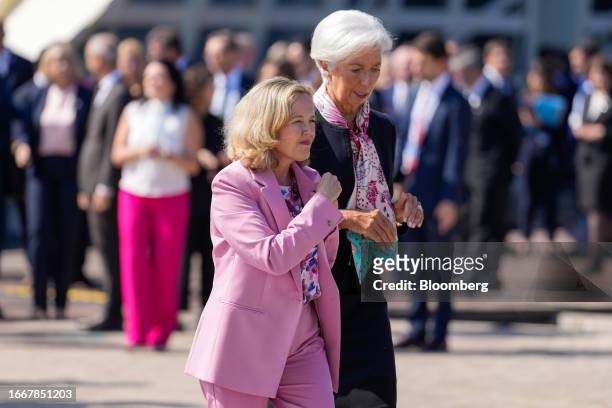 Nadia Calvino, Spain's finance minister, left, and Christine Lagarde, president of the European Central Bank , during an informal meeting of European...