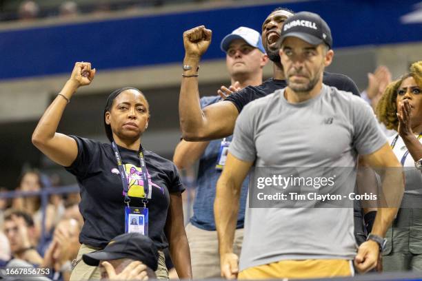 September 7: Candi Gauff, mother of Coco Gauff of the United States, celebrates a point in the team box during her victory against Karolina Muchova...