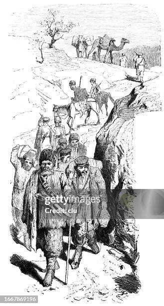 russian pilgrims on their way to jerusalem - pilgrim stock illustrations