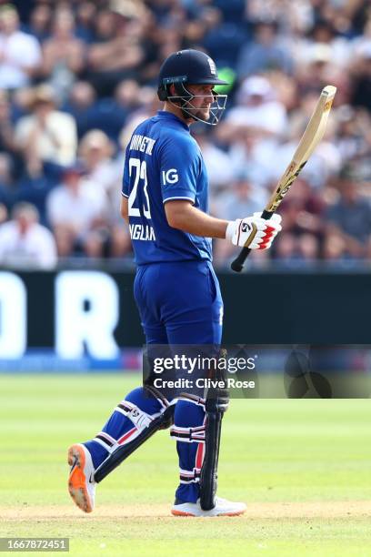 Liam Livingstone of England acknowledges his half century during the 1st Metro Bank One Day International between England and New Zealand at Sophia...