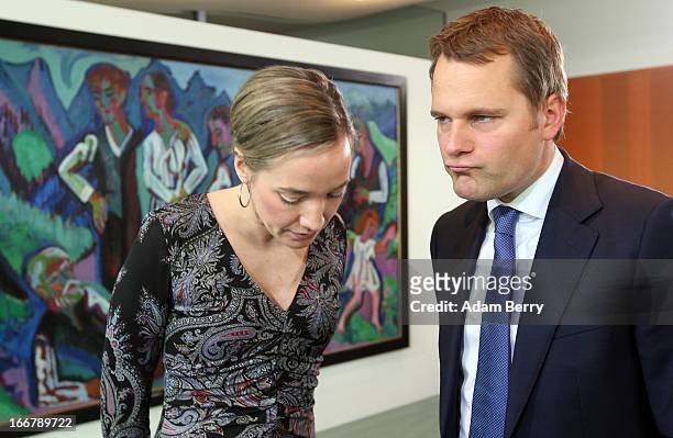 German Family Minister Kristina Schroeder and German Health Minister Daniel Bahr arrive for the weekly German federal government Cabinet meeting on...