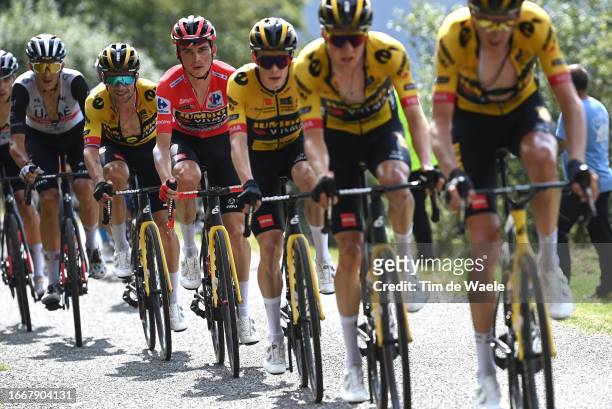 Primoz Roglic of Slovenia and Sepp Kuss of The United States and Team Jumbo-Visma - Red Leader Jersey compete during the 78th Tour of Spain 2023 a...