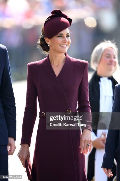 Catherine, Princess of Wales visits St Davids Cathedral for a service to commemorate the first anniversary of the death of Queen Elizabeth II, on...