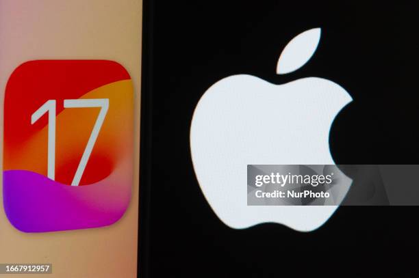 Photo illustration shows IOS 17 Operating System logo displayed on a smartphone with an Apple logo in the background in L'Aquila, Italy, on September...