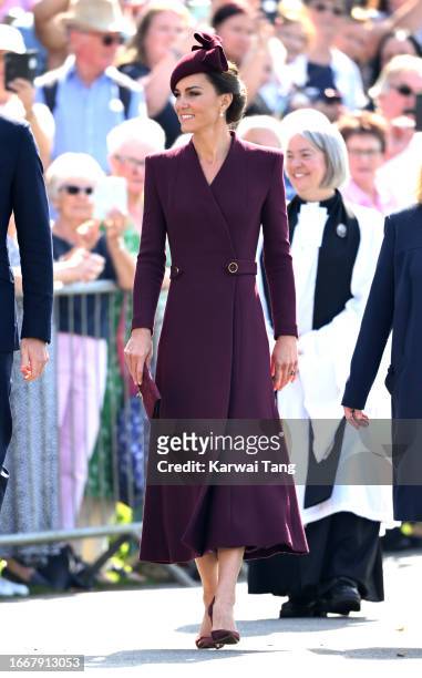 Catherine, Princess of Wales visits St Davids Cathedral for a service to commemorate the first anniversary of the death of Queen Elizabeth II, on...