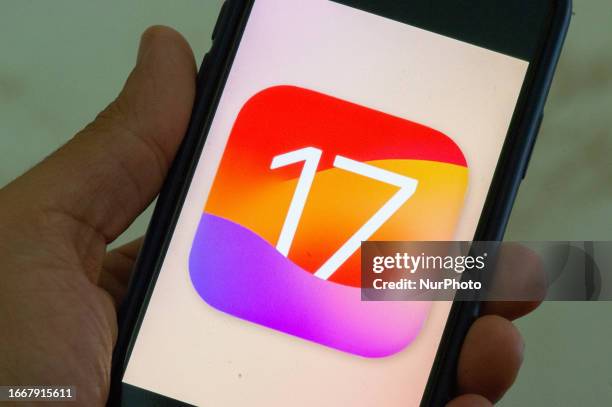 Photo illustration shows IOS 17 Operating System logo displayed on a smartphone in L'Aquila, Italy, on September 15, 2023.