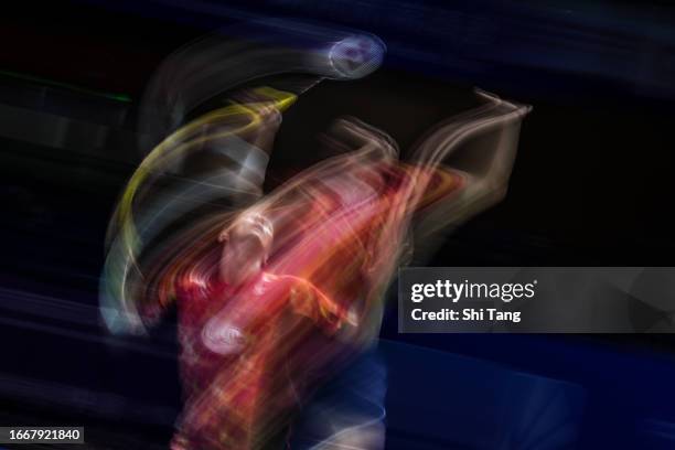 Viktor Axelsen of Denmark competes in the Men's Singles Quarter Finals match against Loh Kean Yew of Singapore on day four of the China Open 2023 at...