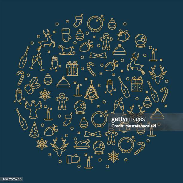 weihnachtskugel mit goldenen strichkunstsymbolen auf dunkelblauem hintergrund - weihnachten kerze stock-grafiken, -clipart, -cartoons und -symbole