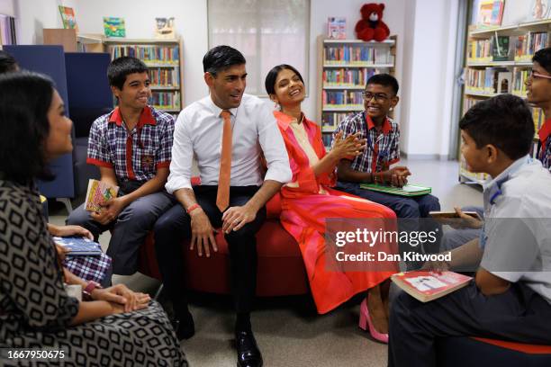 Prime Minister Rishi Sunak and his wife Akshata Murty meet local schoolchildren at the British Council during an official visit ahead of the G20...