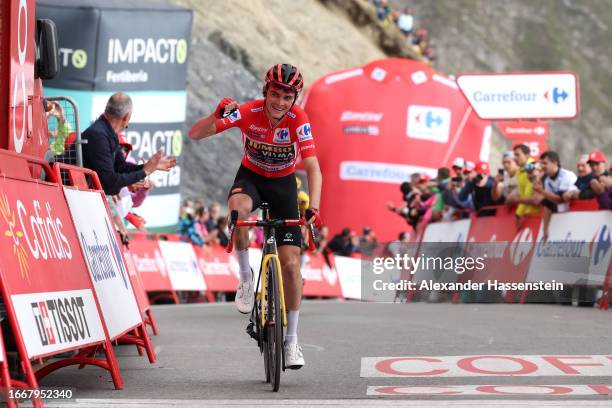 Sepp Kuss of The United States and Team Jumbo-Visma - Red Leader Jersey crosses the finish line as second place during the 78th Tour of Spain 2023 a...