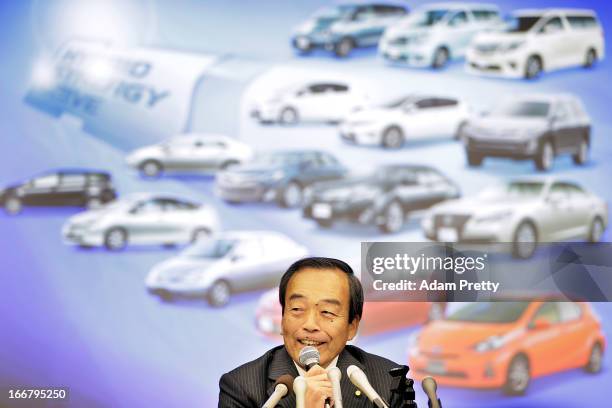 Vice Chairman of Toyota Mr Takeshi Uchiyamada speaks to the media at a press conference on April 17, 2013 in Tokyo, Japan. Toyota announces the sales...