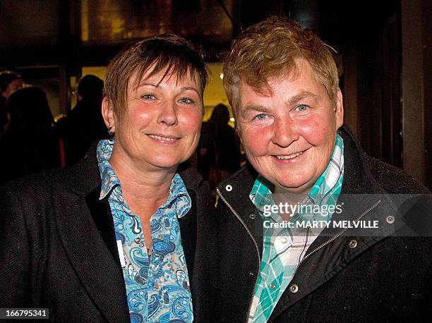 New Zealand entertainer Lynda Top and her partner Donna Top join gay-rights supporters as they wait outside the parliament building in Wellington on...