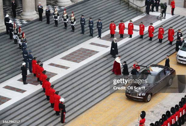 Queen Elizabeth II and Prince Philip, Duke of Edinburgh attend the Ceremonial funeral of former British Prime Minister Baroness Thatcher on April 17,...