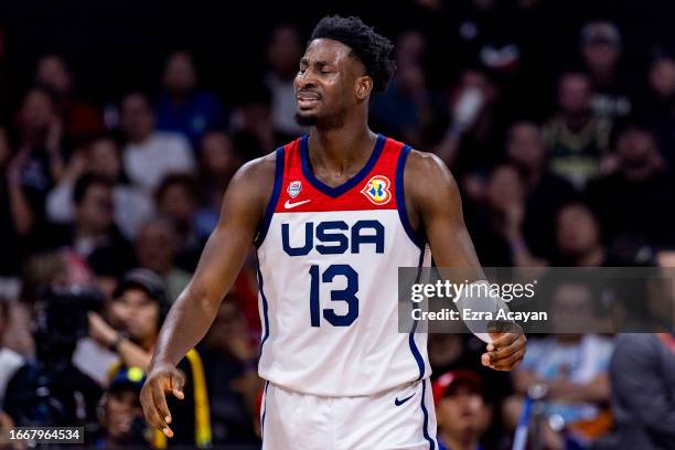 Jaren Jackson Jr of the United States reacts during the FIBA Basketball World Cup Semi Final game between USA and Germany at Mall of Asia Arena on...