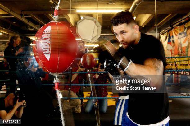 Nathan Cleverly trains during a media workout at the Stonebridge ABC Boxing Gym on April 17, 2013 in London, England.