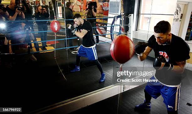 Nathan Cleverly trains during a media workout at the Stonebridge ABC Boxing Gym on April 17, 2013 in London, England.